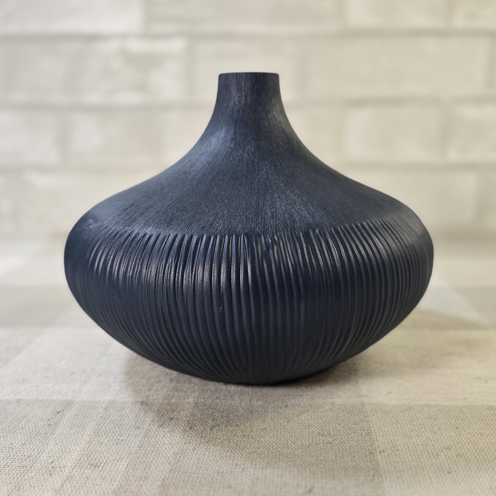 Indigo Blue Textured Ceramic Table Round Bud Ikebana Vase 8" Diameter